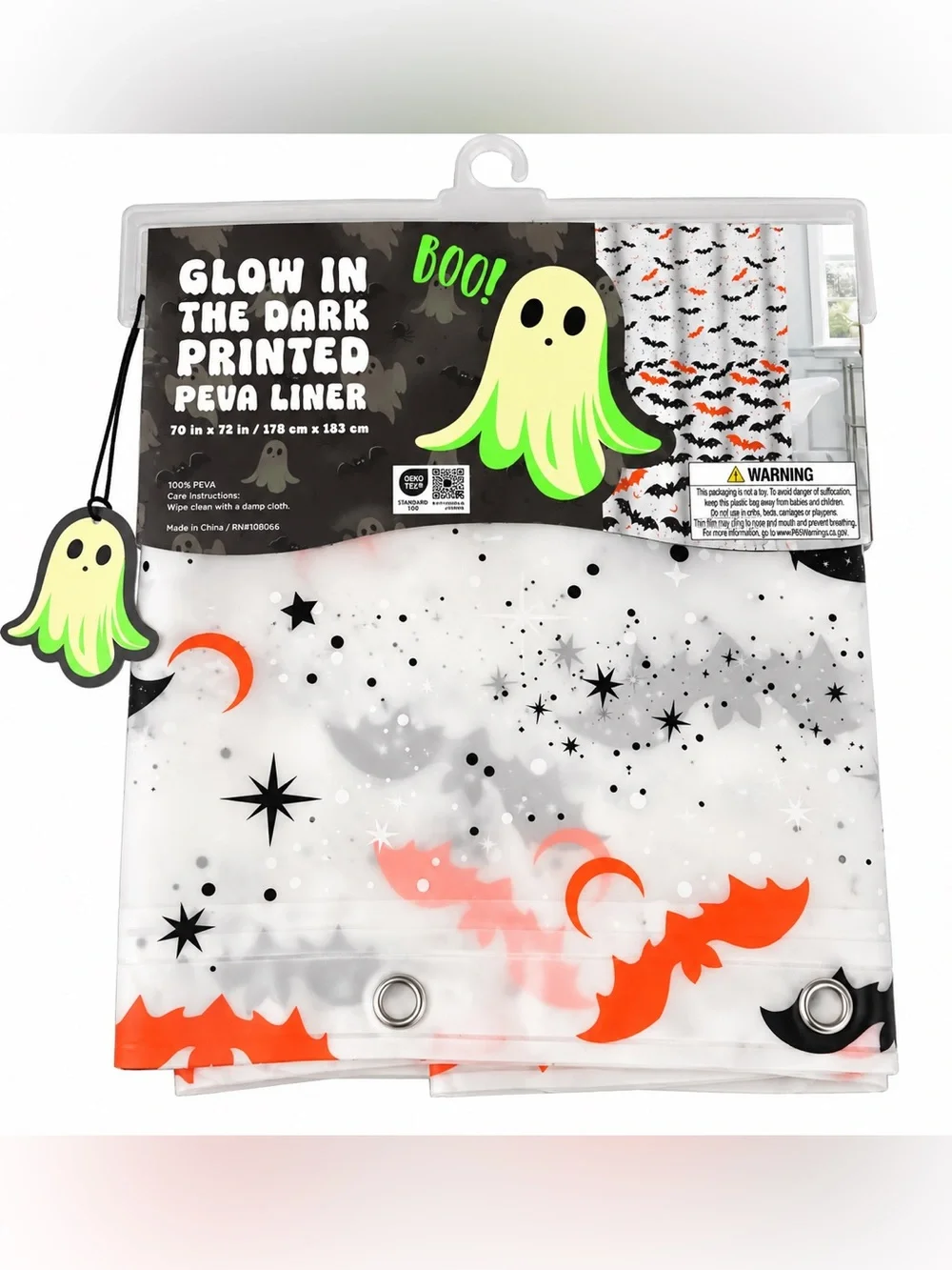 Halloween Glow in the Dark Bat PEVA Shower Curtain Liner 70x72 NWT